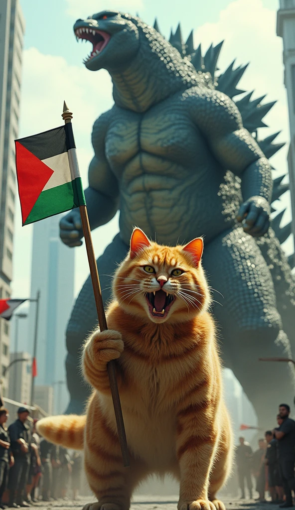 Make a realistic photo of a giant, burly orange cat with an angry face, holding a Palestinian flag is facing a giant Godzilla holding an Israeli flag in the middle of the city 