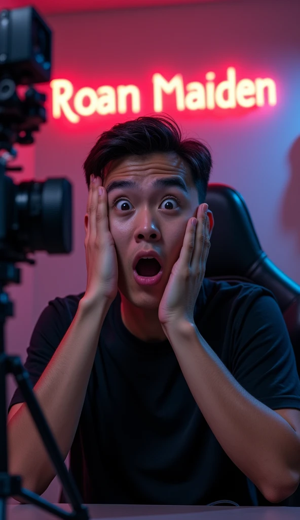 original photo. young man with an Indonesian face. second hand on cheek, expression shocked, mouth open, eyes bulging. looking at the camera. wearing a black Iron Maiden t-shirt. in front of the camera and tripod as if you were live streaming in a professional studio with a gaming chair. The back wall has the name "RENDRA SETIO" written in neon writing. the room looks aesthetic. Ultra-realistic 8K photos, taken with Leica Q2, strong color contrast and sharp clarity --ar --quality 2 --