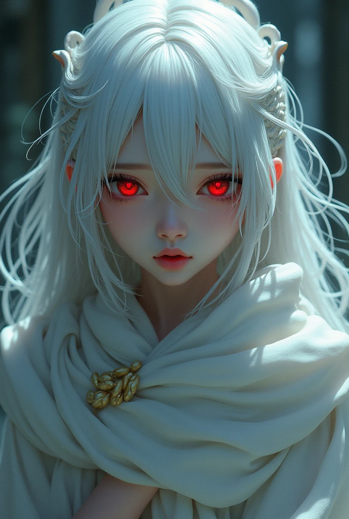 White-haired woman with red eyes with clothes ala-ala china a bit to anime an so Art ny And a bit covered clothes there is a scarf or robe so to wear a robe so that a bit covered Make his face a little nervous too Same as before but his face a bit like worried nervous so 