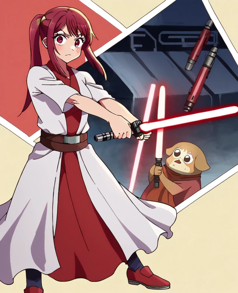 Ruby hoshino, star wars, Jedi, lightsaber, red lightsaber, high shoes, bare hands, hoops,