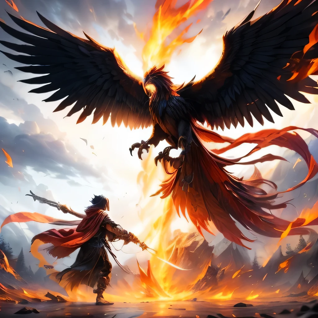 a mythical phoenix battling with grim reaper, dark dramatic fantasy scene, epic cinematic lighting, dramatic poses, intense action, hyper detailed, volumetric lighting, chiaroscuro, deep shadows, glowing embers, flowing phoenix feathers, grim reaper's tattered cloak, intricate textures, cinematic camera angle, dramatic color palette, moody atmosphere, award-winning digital art, unreal engine, 8k, highly detailed, photorealistic