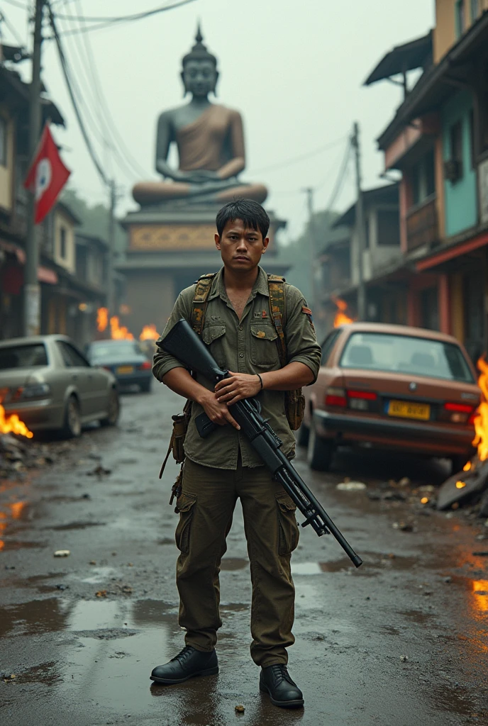 Create realistic images The Thai man stood to the side and turned his head to look forward. On the back, he carries a camouflage backpack. Both hands held the same shotgun. Clothes were stained and partially torn. Standing in the middle of a road full of overturned and burning car wreckage. The background is an abandoned building. Thai style building and has a large Buddha statue and a Thai flag.