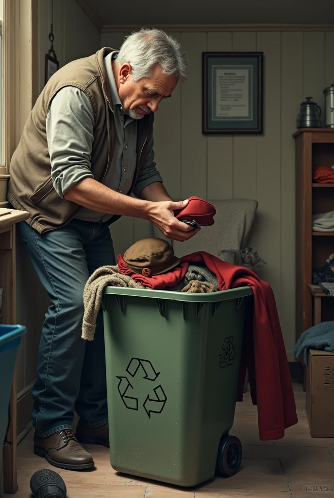 A man keeping lenin clothes in recycling bin