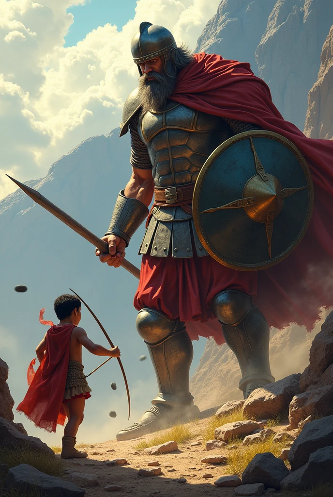 Create an image of David and Goliath David throwing a stone at the goalkeeper