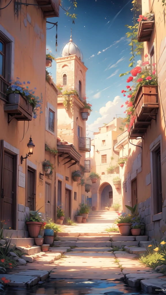 Painting of a desert with a beautiful oasis, Bedouin Camp,Flowers, Beautiful Art UHD 4K, Beautiful artwork illustration, Beautiful digital painting, Highly detailed digital painting, Beautiful digital art, A bustling magical town, Mediterranean fishing village, Mediterranean cities, Detailed painting 4k, ancient mediterranean village, Highly detailed digital painting, Rich, picturesque colors, Gorgeous digital painting,night,Starry Sky