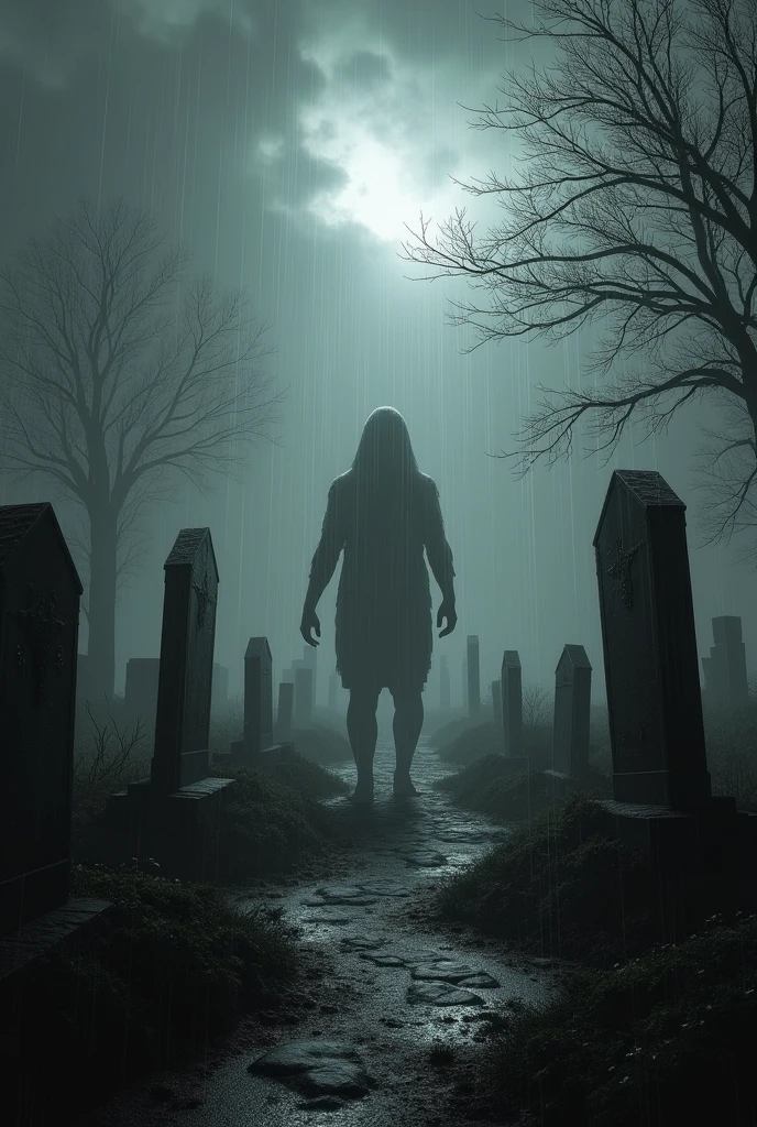 A game with pov, horror hud,fog, rain, black and white, a graveyard, 3d, mythecal creature like zombies ghosts and bosses,