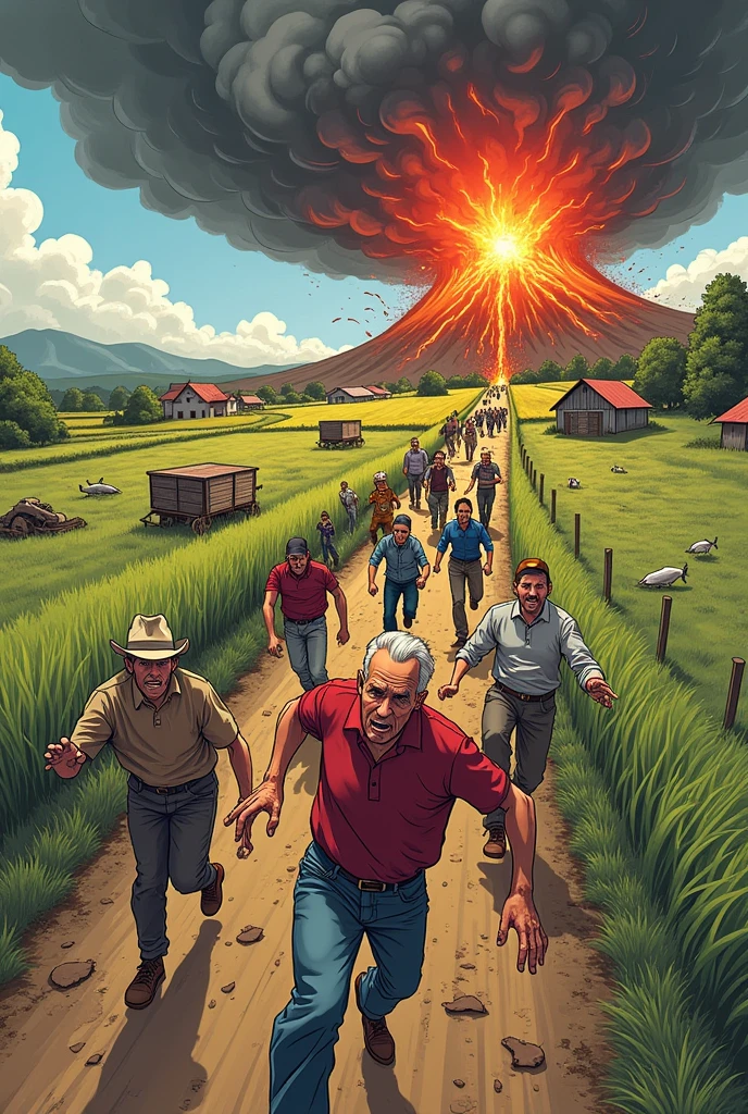 farmers in a farm running away from a volcanic eruption while an earthquake is happening editorial cartoon