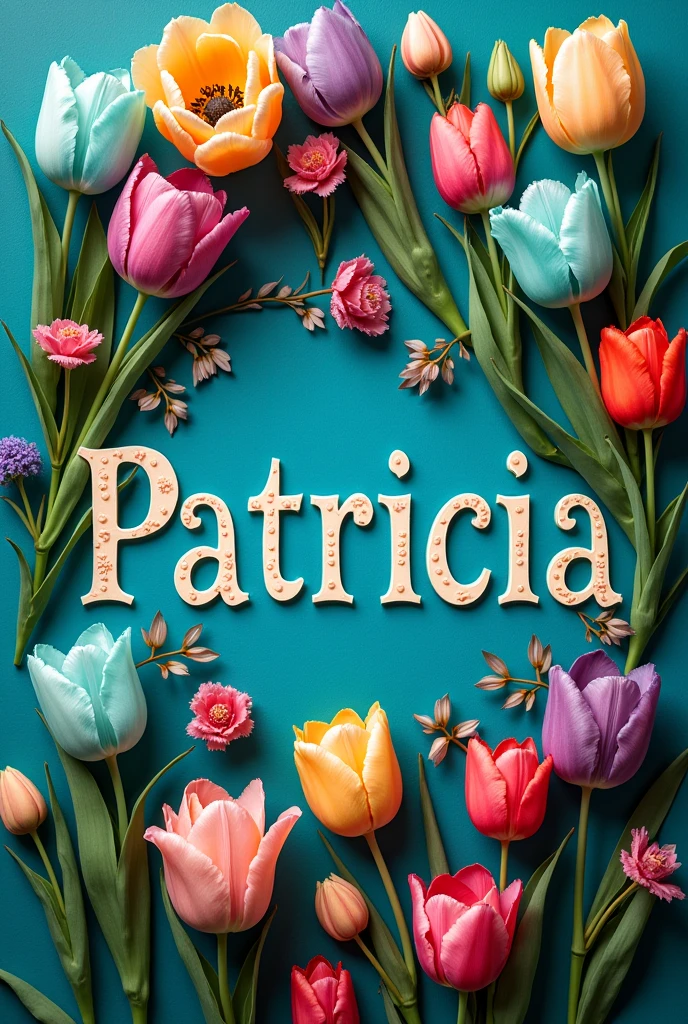 Create an image, with the word Patricia, that has tulips of many colors, especially turquoise,
Also that it looks very elegant and stylized that details are observed in the word Patricia