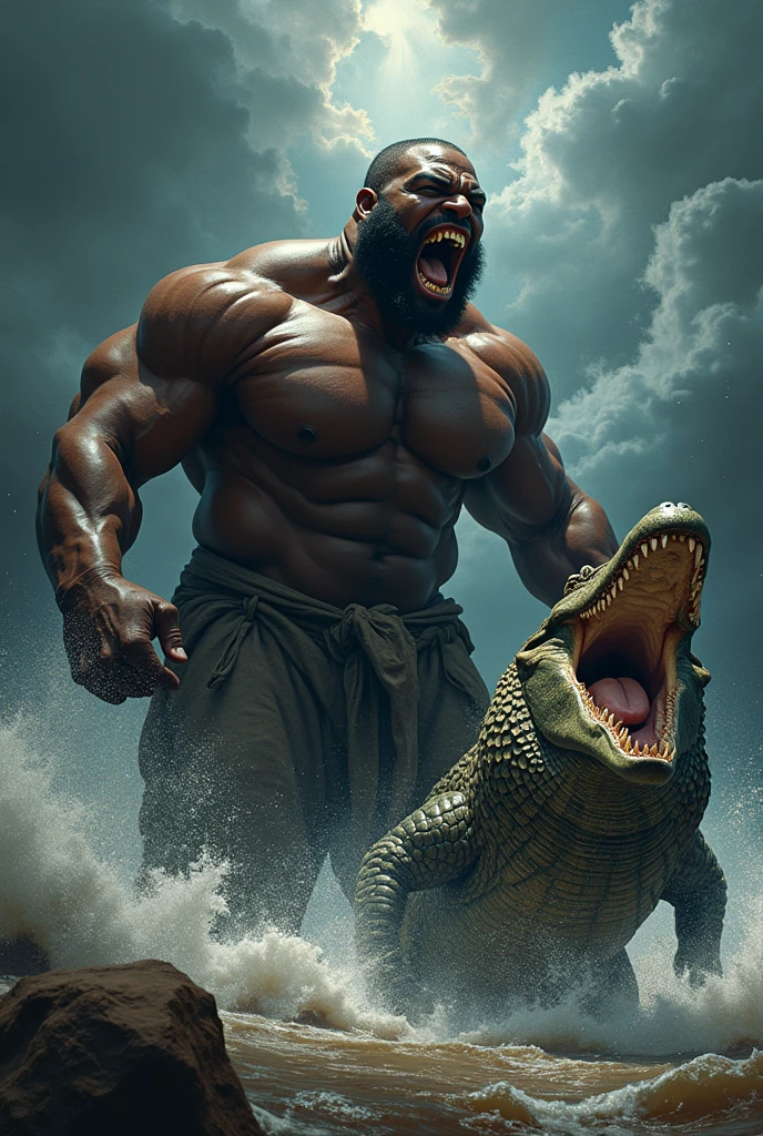 Fat black man screams thunder and fat crocodile screams thunder