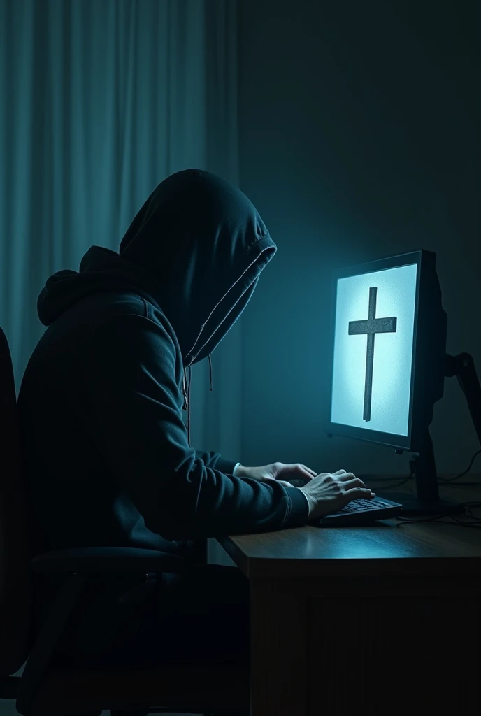 a man in a hood in a dark room in front of a computer on the computer screen there must be a Christian cross 
