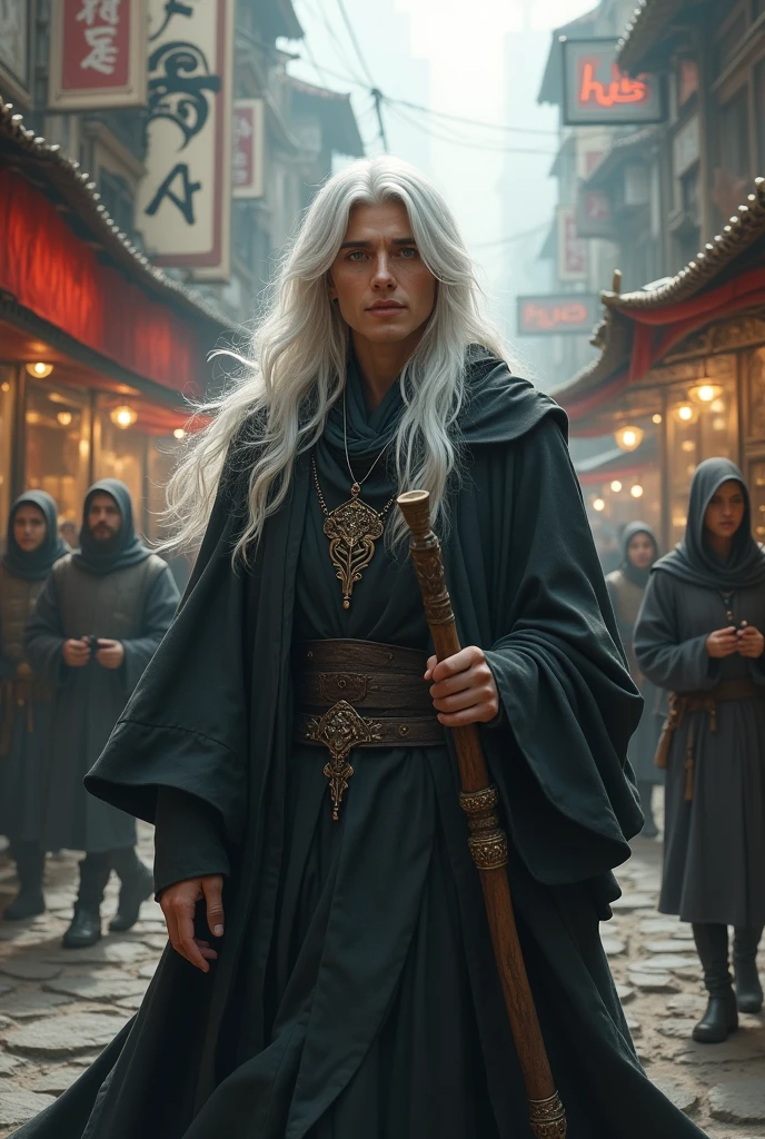 A white-haired mage who decided to walk among the people in normal clothes