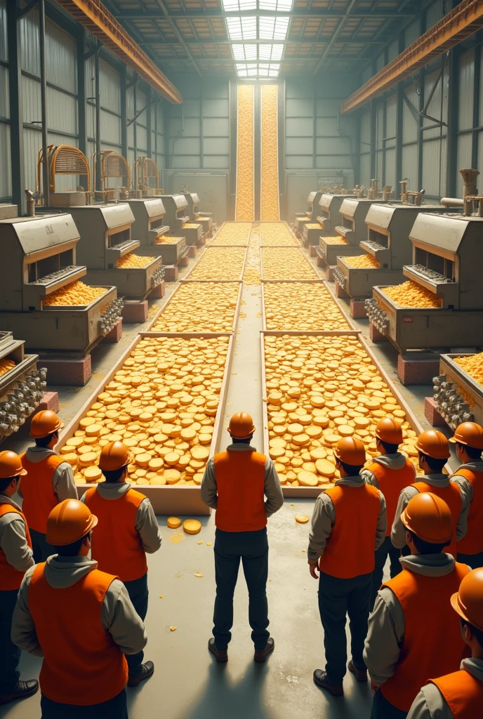 A ginger processing centre with cleaning slicing peeling drying machine doing high quantity of ginger processing with 10 labours(please show the
fresh ginger with slice) .Please show ceo of processing centre giving advice to 20 staff in one room show all the staff
