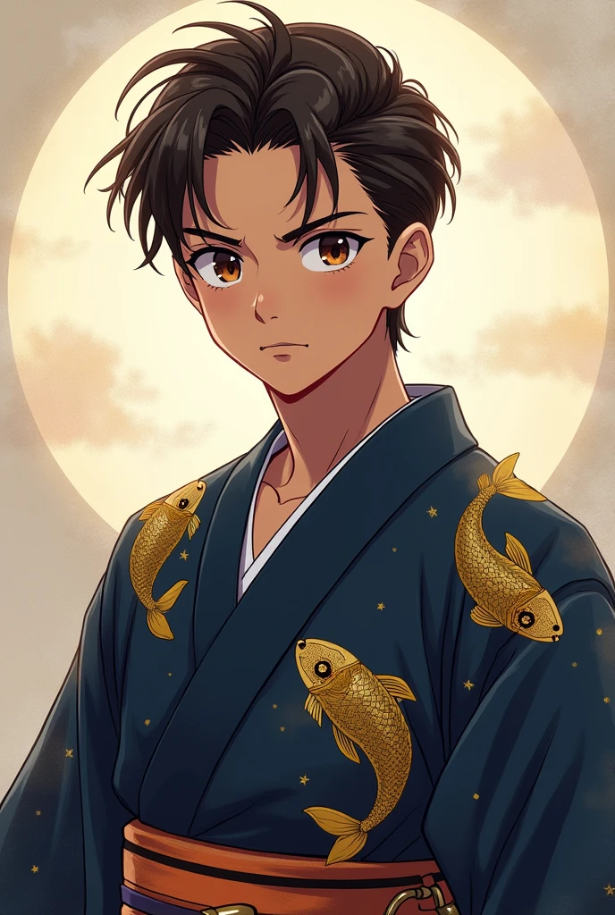 Male character ager with brown skin and slicked back hair, dark brown eyes, wearing a dark blue kimono with a gold fish print, anime styling