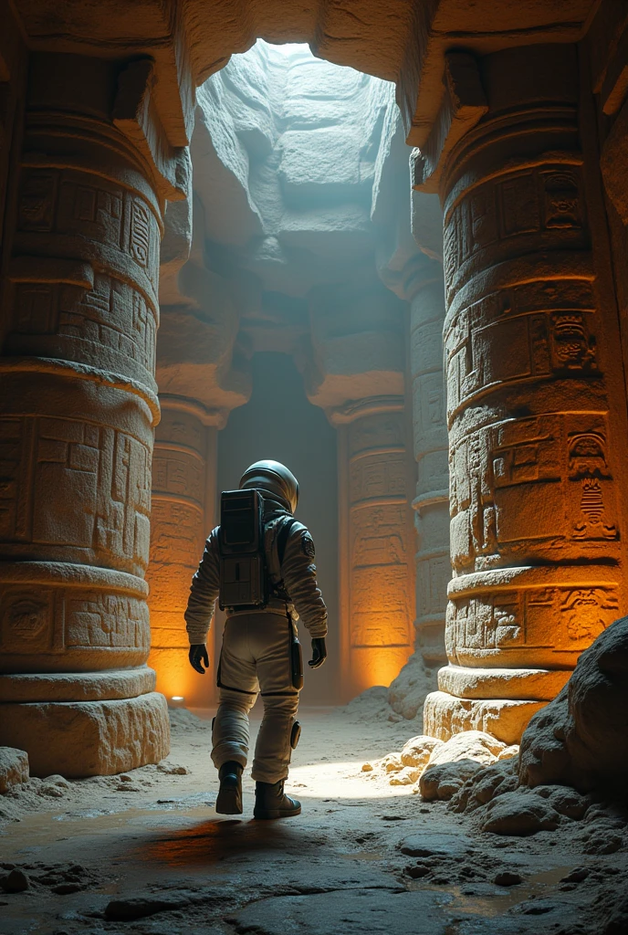 desarrolla in a real way una representación de " The Tomb of Pakal" as if I were in a futuristic spaceship, and an astronaut inside it, following the shape of Pakal's tomb, in a real way, ultra detailed, 4k,