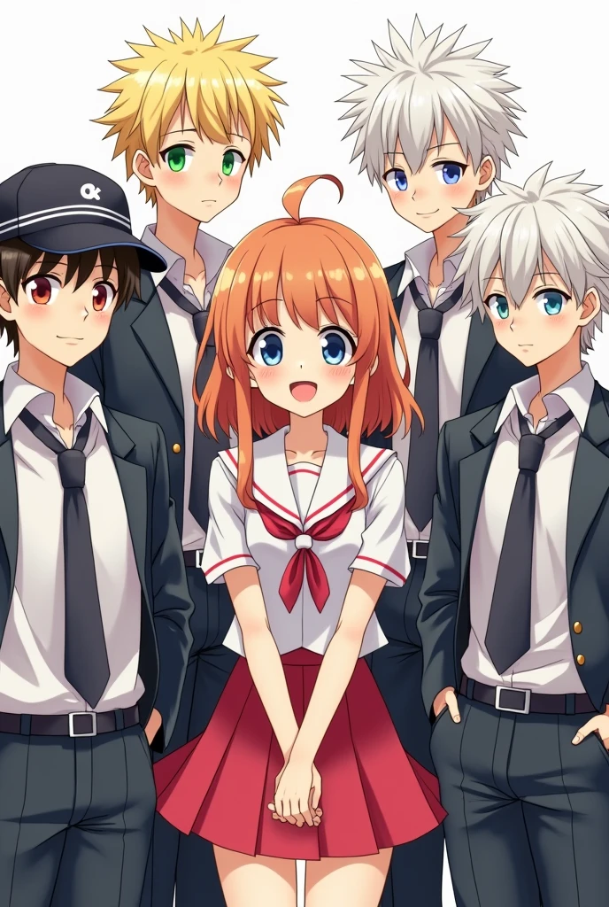 5 anime boy and one girl with a friendly distance in a group pic with Japanese school uniform all boy have difference among them I need one girl first boy on left side he have a cap on his head and on the left side of the girl he have spiky hair golden and the girl is so cute and the right side of the girl have white hair and white eyes and at last the right side of the picture he have look like oreki all the characters have many differences among them