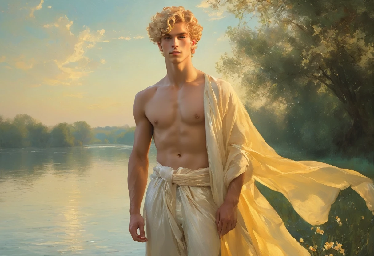 candid an full body photo of prince charming, 2 male supermodel, attractive and exotic, short curly blonde hair, a masculine appearance with slender smooth body, delicate and symmetrical face, natural olive skin tone, pose standing on lake, inspired by Irises by Vincent Van Gogh 18, he is wrapped in classical drapery sheer pastel color fabric, with flowing dramatically in the strong wind, some fabric to billow as if caught, The composition include mythological elements, such as a backdrop of a serene with a golden sunrise and nymphs to frame the scene. Illuminate the scene with soft diffused lighting to create a dreamlike, celestial atmosphere, capturing the delicate interplay of light and shadow on his face and body. ((full body shot)), wide-angle lens on a high-resolution DSLR camera to capture the grandeur and intricate details of the setting, while shooting from a dynamic angle to emphasize the model's majestic presence. The overall mood should blend the classical elegance of Botticelli's work with a modern, high-fashion aesthetic, producing an image that feels both timeless and contemporary, adding the Two Cherubs in the sense to balance and harmony the photo, evoke the soft ethereal quality of the Renaissance style, POV, raw photo, ((masterpiece)), ((best quality)), High Resolution, (ultra_realistic), (photorealistic), (NSFW), ((Pay attention to the layer and arrangement of body and surrounding)), ((Pay attention to the body composition)), ((Correct body structure)), ((Correct distance)), romantic atmosphere, lively extremely Gorgeous background,