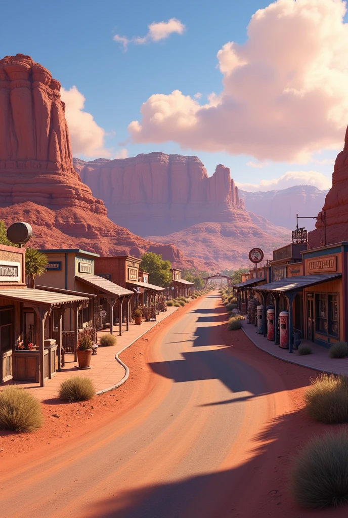 create the main scenario of radiator springs, with the highway the mountain in late afternoon tones without the cars, just scenery