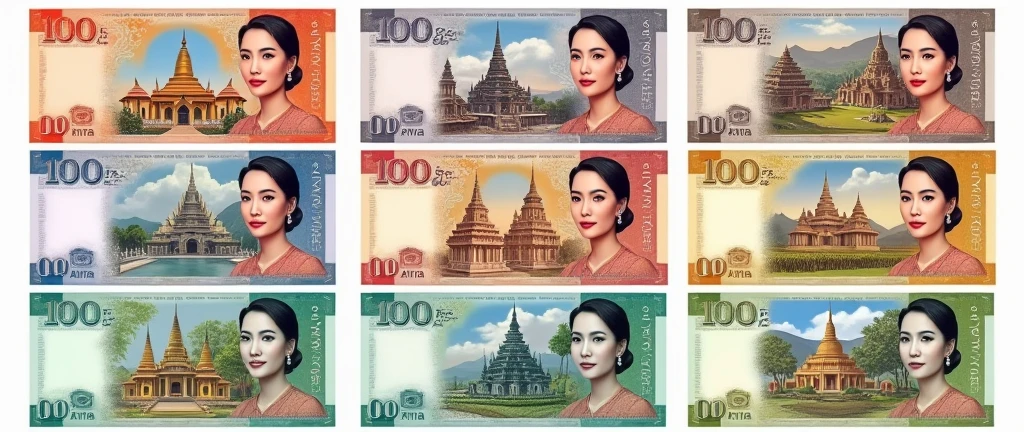 I wanna make my own banknotes for 100, 200, 500, 1000, 5000, 10000, 50000 RISES as usual, in different colors. At the front side of 15.5 cm x 6.9 cm of notes, young Daw Aung San Su Kyi pic will appear with the value, and at the back, different Myanmar’s popular places will appear. Note; white watermark is at the left side of front view, and if couse at the right side of back mote. Make them in one sheet as a professional. Make them Myanmar places