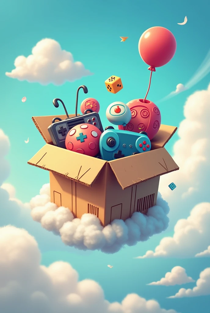 create a logo with games inside a cardboard box in the clouds