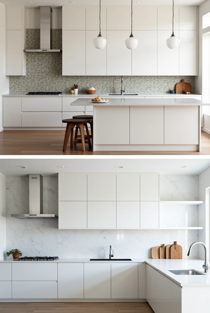**prompt: Comparison of Minimalist Kitchens with Different Backsplash Options**
**Description:**
Compare two minimalist kitchen designs, focusing on the dashboard area (backsplash). The first kitchen will use mosaics or low-format ceramic tiles, while the second will use natural stone such as marble, quartz or granite. Consider the following aspects:
1. **Visual Aesthetics:**
- **Kitchen 1:** Describe how mosaics or tiles add color and texture, but also how they can appear messy or difficult to maintain.
- **Kitchen 2:** Explore how natural stone offers an elegant, uniform appearance that complements minimalist design.
2. **maintenance:**
- **Kitchen 1:** Comment on how easily tiles can get dirty and require frequent cleaning., highlighting the joints that can accumulate grease and dirt.
- **Kitchen 2:** Explains how natural stone surface is more stain resistant and easy to clean, which reduces long-term maintenance effort.
3. **durability:**
- **Kitchen 1:** Mention the durability limitations of ceramic tiles, that can crack or break over time.
- **Kitchen 2:** Emphasizes the strength and longevity of materials such as marble, quartz or granite, which are ideal for a kitchen environment.
4. **Cost:**
- **Kitchen 1:** Consider the lower initial cost of tiles, but also discusses potential additional costs in maintenance and replacement.
- **Kitchen 2:** Weigh the higher initial investment in natural stone against its durability and lower need for long-term repairs.
5. **conclusion:**
- Provides a general assessment of which option is most suitable for a minimalist kitchen in terms of aesthetics, functionality and sustainability.