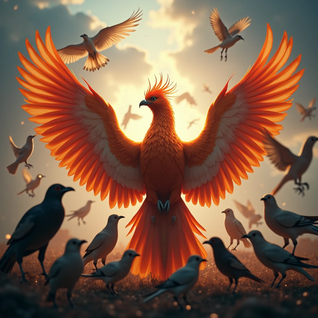 Create a photograph featuring multiple bird species surrounding a phoenix, with the phoenix located in the center of the image and other small birds presented in different poses, showcasing the phoenix's status as the king of all birds. Beautiful cinematic lighting, surreal, color graded, dynamic movement, captivating chiaroscuro, full body, award-winning, cinematic still, emotional, vignette, dynamic, vivid, (masterpiece, best quality, photorealistic, Professional, perfect composition, very aesthetic, absurdres, ultra-detailed, intricate details:1.3)