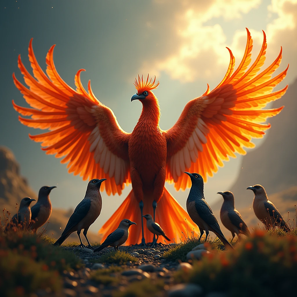 Create a photograph featuring multiple bird species surrounding a phoenix, with the phoenix located in the center of the image and other small birds presented in different poses, showcasing the phoenix's status as the king of all birds. Beautiful cinematic lighting, surreal, color graded, dynamic movement, captivating chiaroscuro, full body, award-winning, cinematic still, emotional, vignette, dynamic, vivid, (masterpiece, best quality, photorealistic, Professional, perfect composition, very aesthetic, absurdres, ultra-detailed, intricate details:1.3)