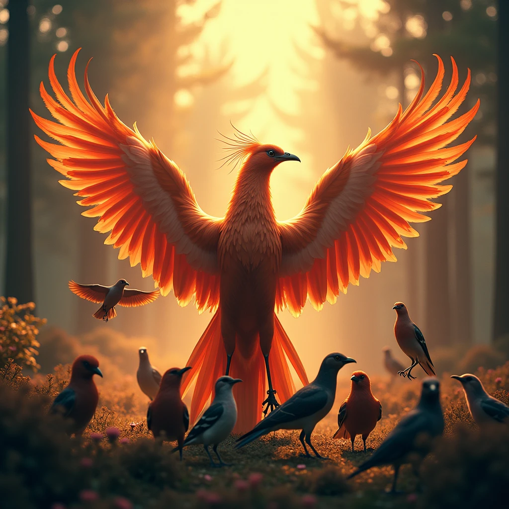 Create a photograph featuring multiple bird species surrounding a phoenix, with the phoenix located in the center of the image and other small birds presented in different poses, showcasing the phoenix's status as the king of all birds. Beautiful cinematic lighting, surreal, color graded, dynamic movement, captivating chiaroscuro, full body, award-winning, cinematic still, emotional, vignette, dynamic, vivid, (masterpiece, best quality, photorealistic, Professional, perfect composition, very aesthetic, absurdres, ultra-detailed, intricate details:1.3)