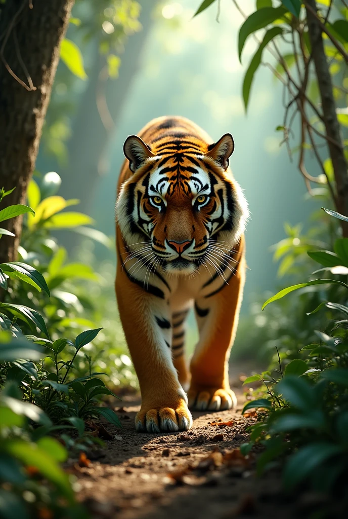 Tiger is roaming in the jungle wearing pants creat video