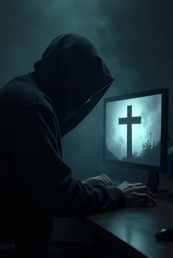 a man in a hood in a dark room in front of a computer on the computer screen there must be a Christian cross