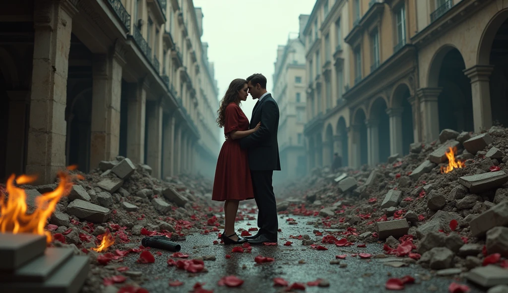 1944; (masterpiece, best quality) destroyed city roses on the floor(Paris); flowers on the ground; 1couple kissing sold looking Down(close-up);firearm on the floor.; fire around.
