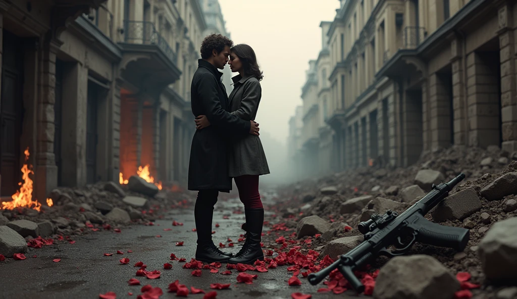 1944; (masterpiece, best quality) destroyed city roses on the floor(Paris); flowers on the ground; 1couple kissing sold looking Down(close-up);firearm on the floor.; fire around.