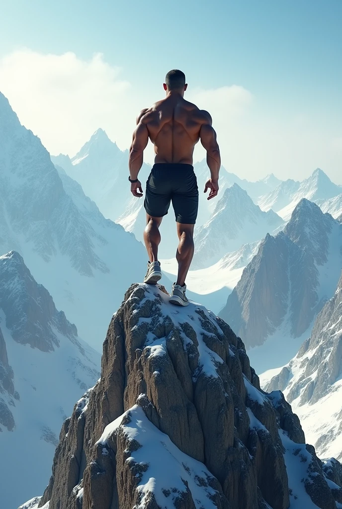 A bodybuilder balancing on his sneakers on top of a mountain