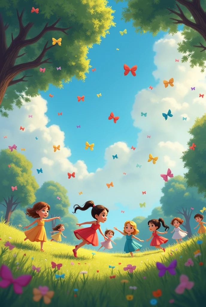create a pixar style image of the world of bows with clouds and trees and a rain of bows, where many princess girls play.