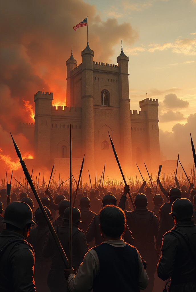 "Dramatic image of the Bastille in flames with insurgents carrying improvised weapons."