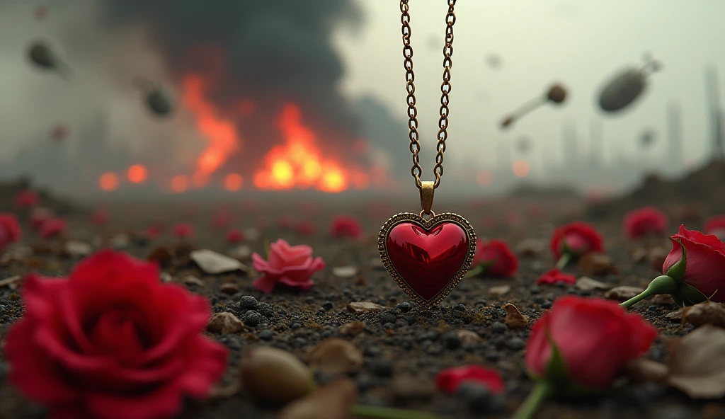 2024; (masterpiece, best quality) destroyed farms roses on the floor; flowers on the ground; necklace with a love heart Down(close-up); bombs falling from the sky.; fire around.