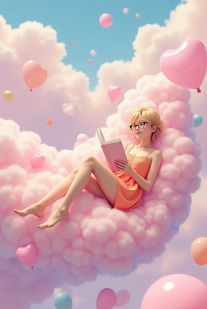 A hyper realistic of a beautiful japanese girl, blond short straight wavy hair, black round glasses, slender body, wearing pastel orange mini sun dress, beautiful sexy legs, bare legs, bare feet, lie down free style and rilex on flying fluffy soft pastel pink cloud that has lots of pastel color balloons on it, legs hanging down. Some of balloon shape is heart. She's holding a book, looking up,
Pastel pink background, she's happy, laughing and enjoying flying with the cloud. Other fluffy soft pastel pink cloud surround it, real photo, ultra hd, ultra realistic