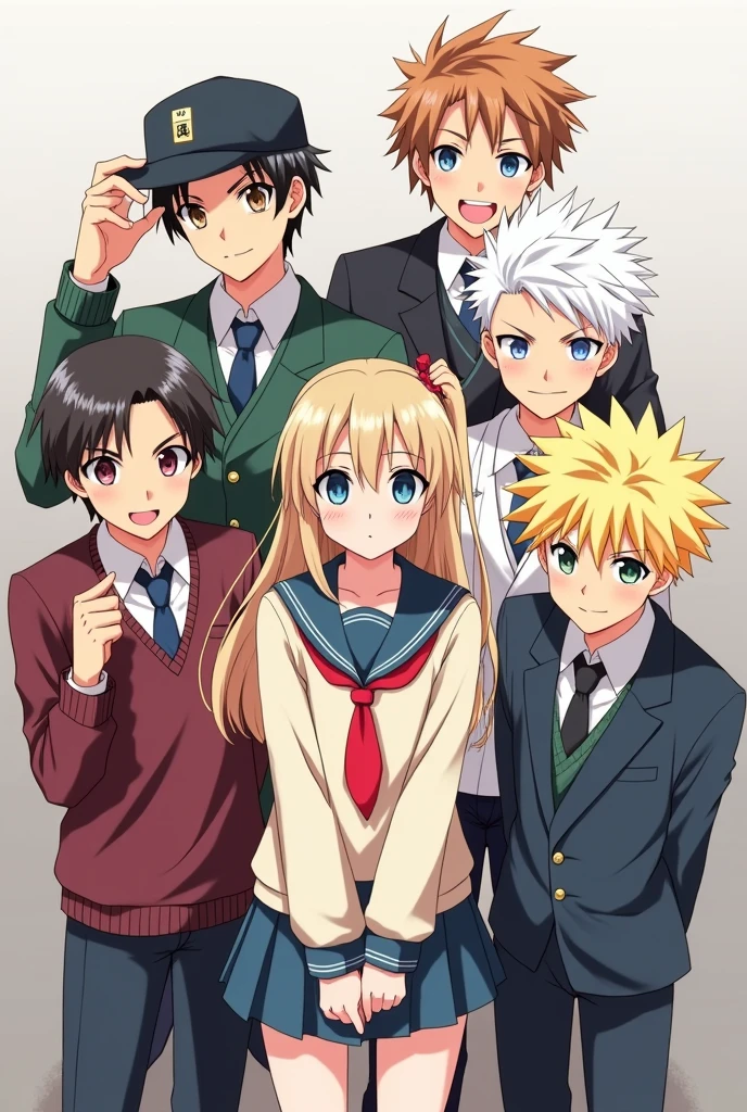 5 anime boy and one girl with a friendly distance in a group pic with Japanese school uniform all boy have difference among them I need one girl first boy on left side he have a cap on his head and on the left side of the girl he have spiky hair golden and the girl is so cute and the right side of the girl have white hair and white eyes and at last the right side of the picture he have look like oreki all the characters have many differences among them