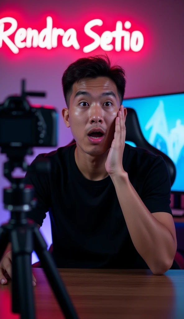 original photo. young man with an Indonesian face.  hand on cheek, expression shocked, mouth open, eyes bulging. looking at the camera. wearing a black Iron nirvana t-shirt. in front of the camera and tripod as if you were live streaming in a professional studio with a gaming chair. The back wall has the name "RENDRA SETIO" written in neon writing. the room looks aesthetic. Ultra-realistic 8K photos, taken with Leica Q2, strong color contrast and sharp clarity --ar --quality 2 --
