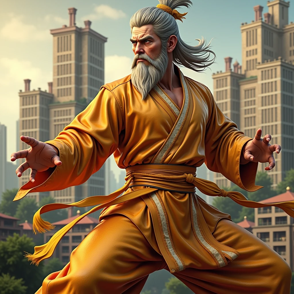  a master of martial arts,displaying his own skills.((protector,fighter,ancient,??????,bravery)),((orange,yellow,red)),(( Full figure wiew)). ((Three quarter wiew)),((deep wiew)),modern suburbs scenario background,photographic,ultra high resolution,hyperdetailed, masterpiece, 3d modelling, digital art.