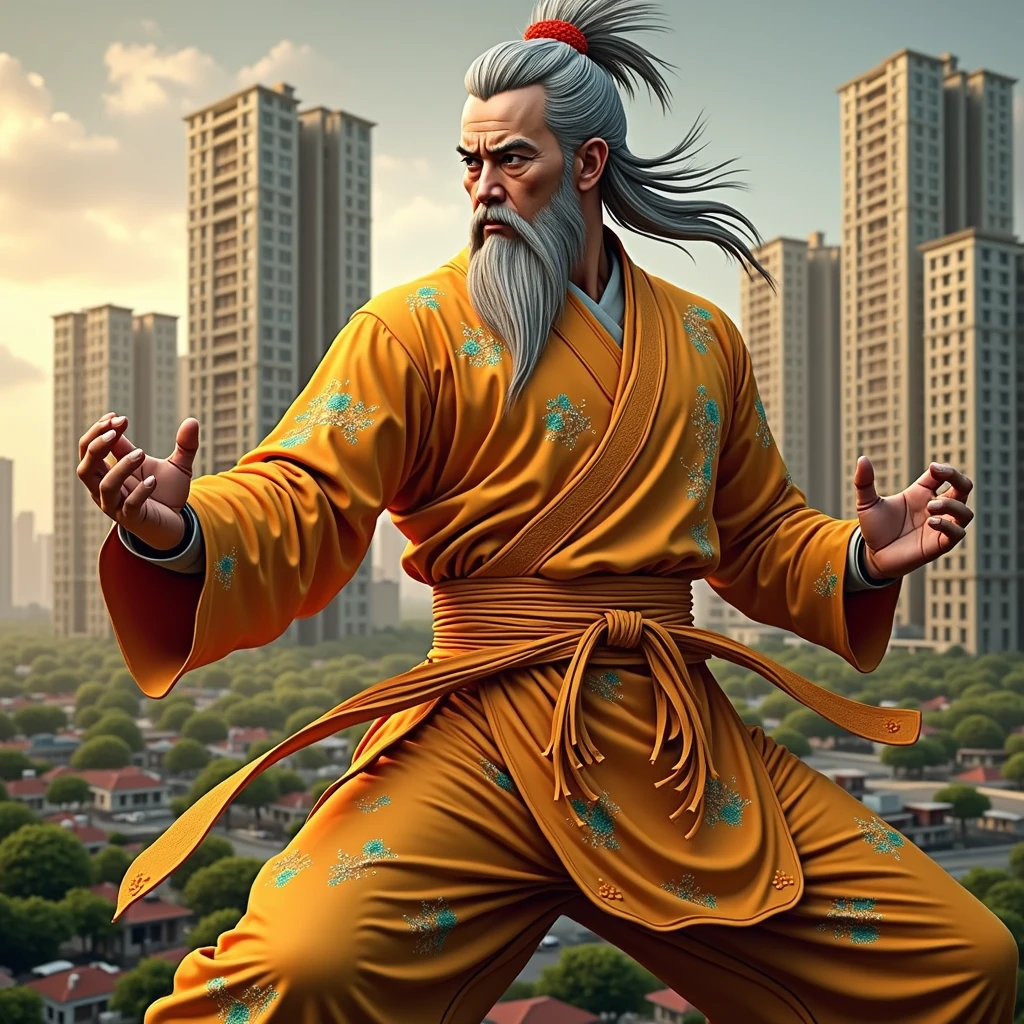  a master of martial arts,displaying his own skills.((protector,fighter,ancient,murder,bravery)),((orange,yellow,red)),(( Full figure wiew)). ((Three quarter wiew)),((deep wiew)),modern suburbs scenario background,photographic,ultra high resolution,hyperdetailed, masterpiece, 3d modelling, digital art.