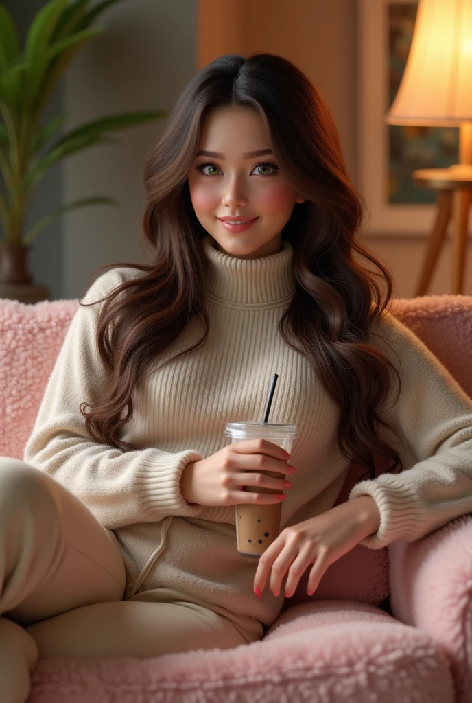 A beautiful light brown skin ai girl in her early 20's with green eyes with brownish black long hair, she's a bit thick and busty with a casual face sitting on her fluffy couch in her fluffy blackish pink turtle neck In her pants in a relaxed pose facing her audience and talking to them with boba tea on her side zoomed back a little to see her full body