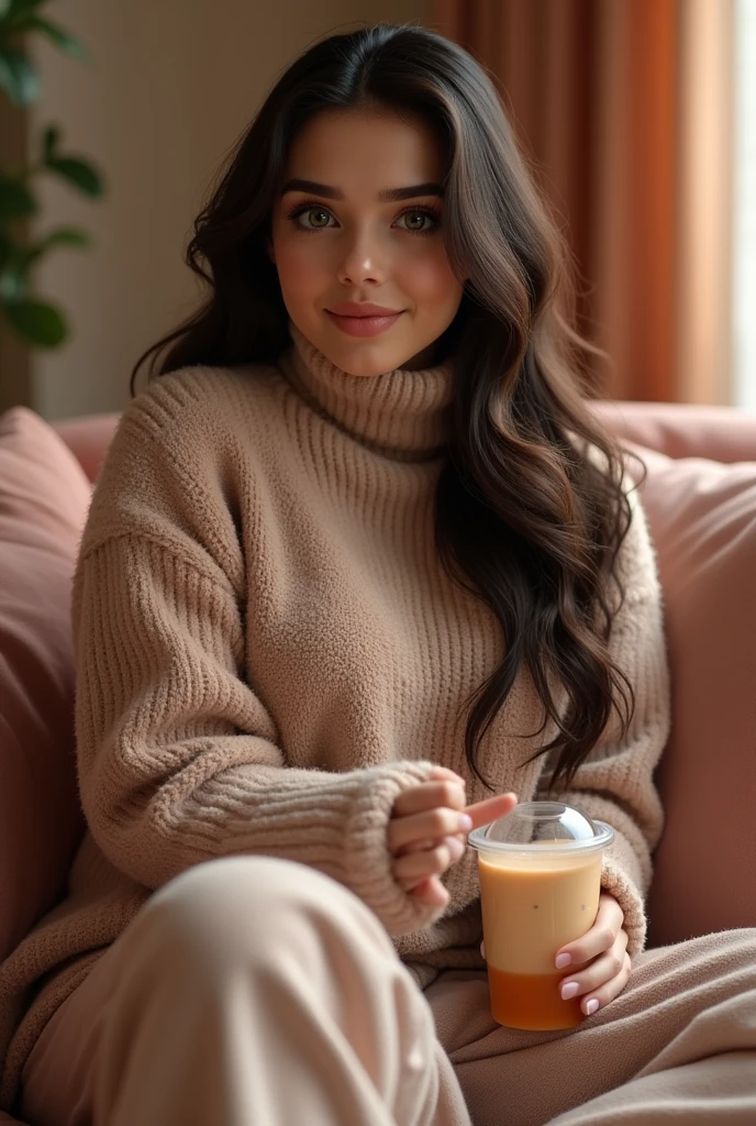 A beautiful light brown skin ai girl in her early 20's with green eyes with brownish black long hair, she's a bit thick and busty with a casual face sitting on her fluffy couch in her fluffy blackish pink turtle neck In her pants in a relaxed pose facing her audience and talking to them with boba tea on her side zoomed back a little to see her full body