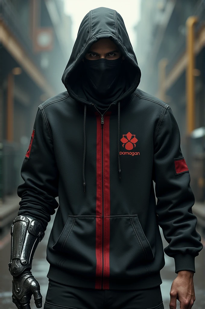 Generate a man wearing a hoodie and a mask covering his entire face, his left hand is large and iron.
Outfit: black and red cybordpuck with clear and not hidden print "PAMAGAN".
Realistic 