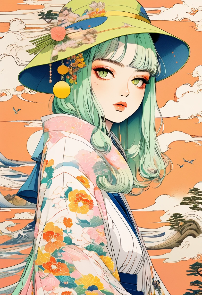 A mesmerizing surreal illustration of a young japanese woman. She has pastel green hair with blunt bangs, yellow eyes, and wears a vibrant pastel colored outfit adorned with intricate floral patterns. Freckles dot her smooth, warm complexion, and bold, colorful tattoos cover her arms and legs. The tattoos feature traditional Japanese motifs like flowers and mythical creatures, rendered with meticulous detail in a pastel color palette. The background is a vintage floral-patterned wallpaper that complements the artwork's colors. The line work is precise, with delicate shading that gives the illustration a 3D quality. The artwork fuses modern illustration techniques with traditional Japanese aesthetics, resulting in a visually striking, portrait,