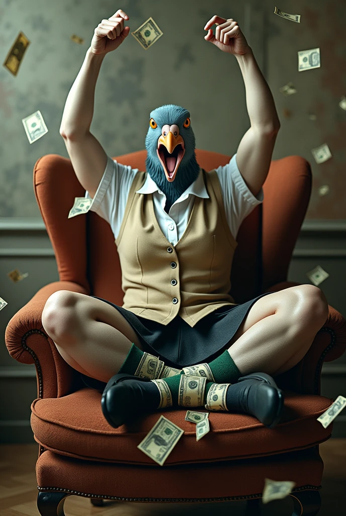 ((Highest quality)), ((masterpiece)), (photograph), (front), (Short sleeve:2), (Crossing one's limbs), (Bills flying everywhere),((A wave of bills in the room)), (knee-length black skirt:1.2), 大きく口を開いているグレーの女性のハトがオフホワイトで襟付きの半そでシャツに薄茶色のベストを着てknee-length black skirtに濃い緑の靴下と黒の靴を履いて、She is sitting cross-legged in a plush chair with her arms spread above her head、Surrounded by a lot of money, bills flying around, ((A stack of bills that covered the lower half of the body)), Muscular grey female pigeon、photographのようなリアルな画像。