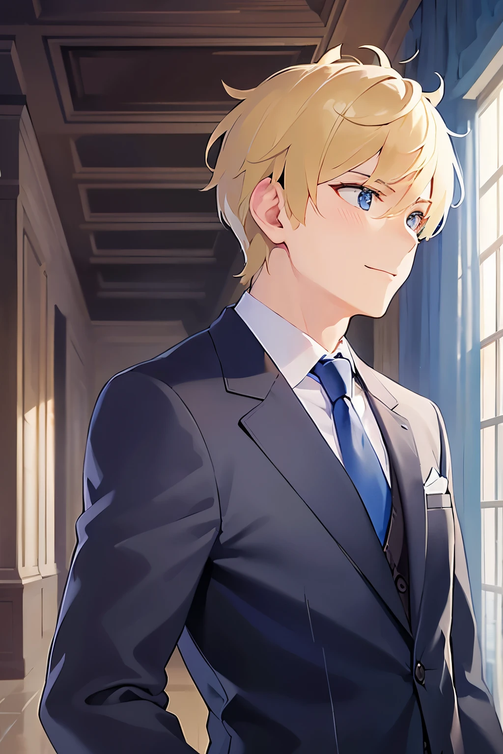 side angle, (looking away:1.5),upper body、shiny skin、masterpiece、Highest quality、BREAK ld male:1.5) and (Blonde short hair) and (Blue eyes), (Wearing a suit:1.3) and (tie) BREAK
(smile:1.3),open mouth,Are standing、The background is the office、(alone:1.5)、Upper body is shown、