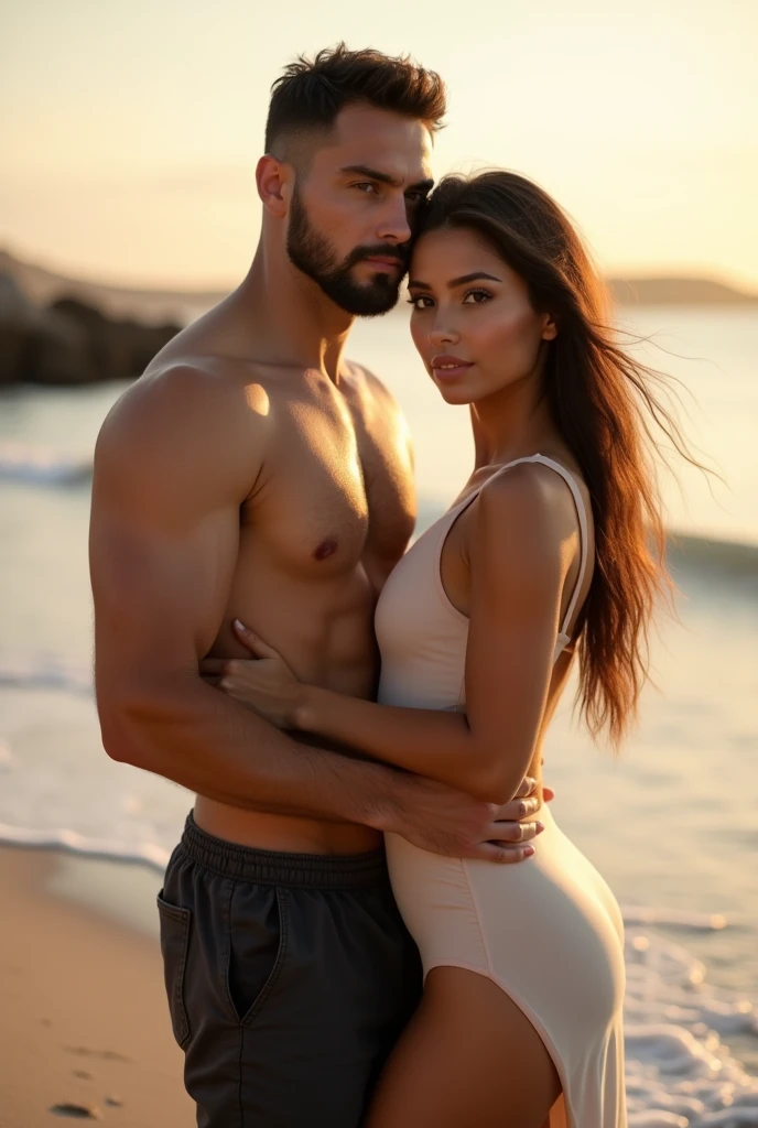 Couple , white man, tall, muscular, asian woman, sexy dress, beach, posing for photo, front pose