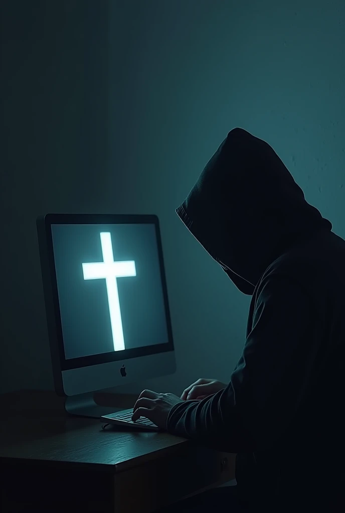 a man in a hood in a dark room in front of a computer on the computer screen there must be a Christian cross 
