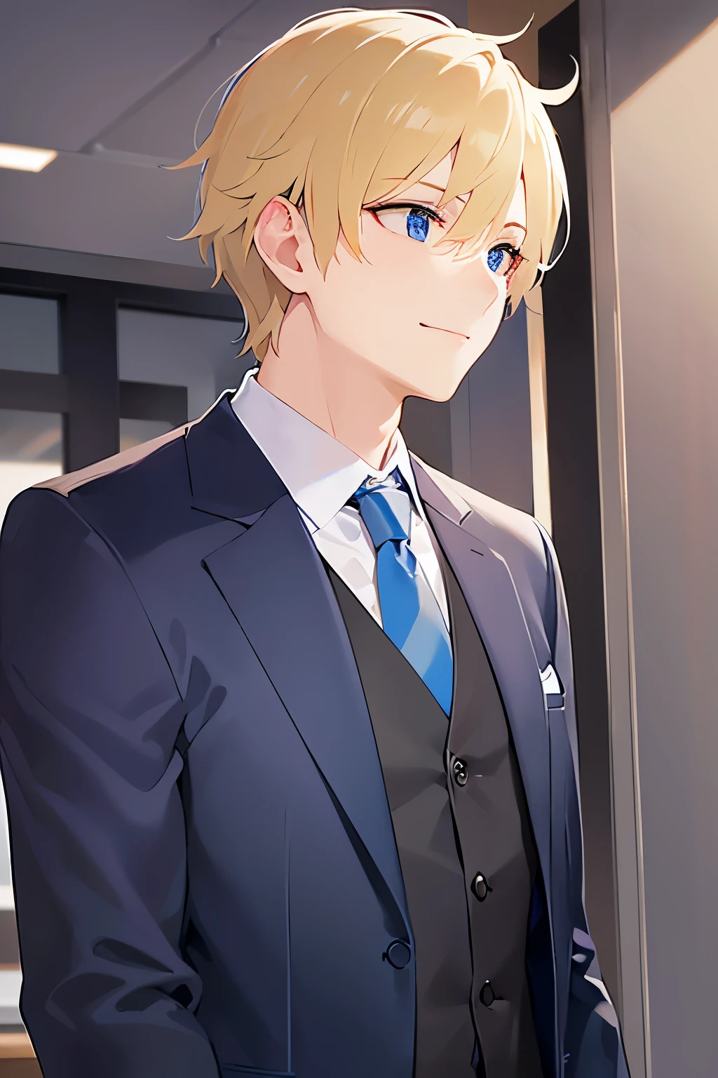 side angle, (looking away:1.5),upper body、shiny skin、masterpiece、Highest quality、BREAK ld male:1.5) and (Blonde short hair) and (Blue eyes), (Wearing a suit:1.3) and (tie) BREAK 
(smile:1.3),open mouth,Are standing、The background is the office、(alone:1.5)、Upper body is shown、