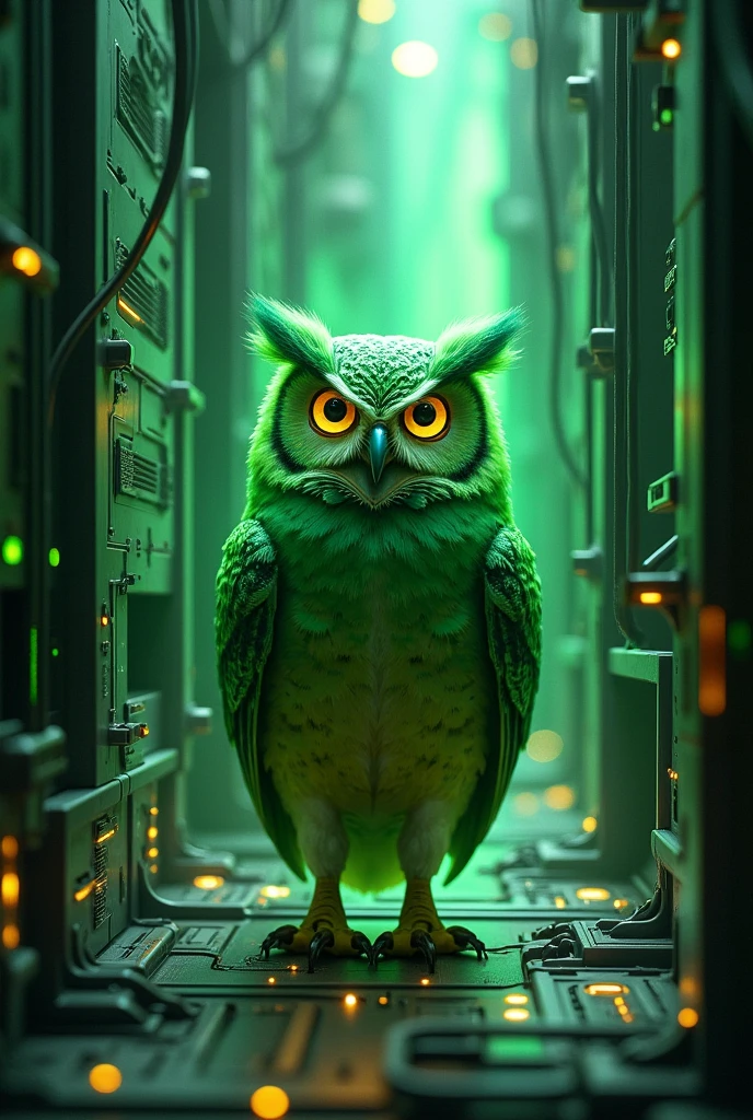 I created an image in which a green owl has an achievement, Coming out of a technological labyrinth